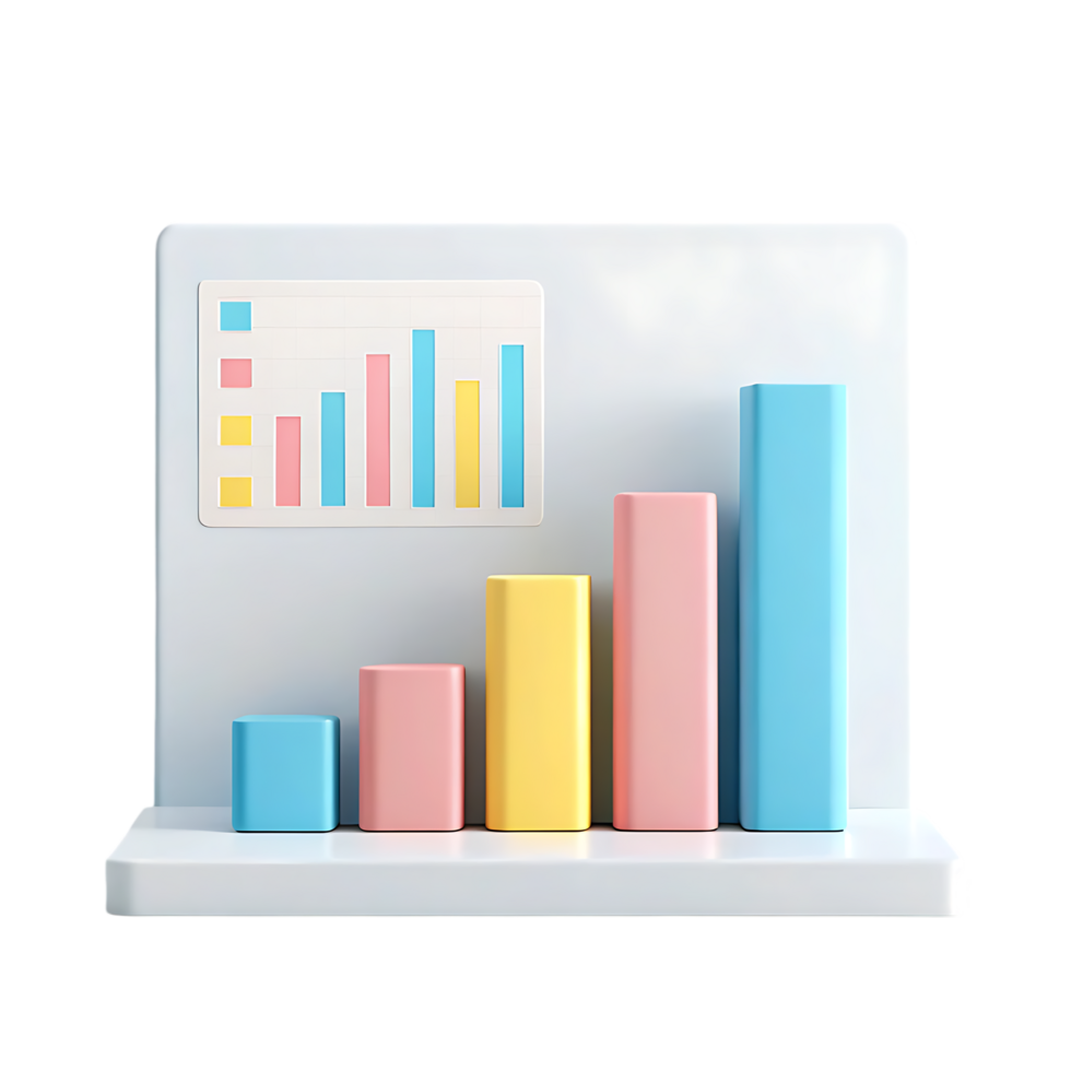 Pastel colored 3D bar chart showing growth. png