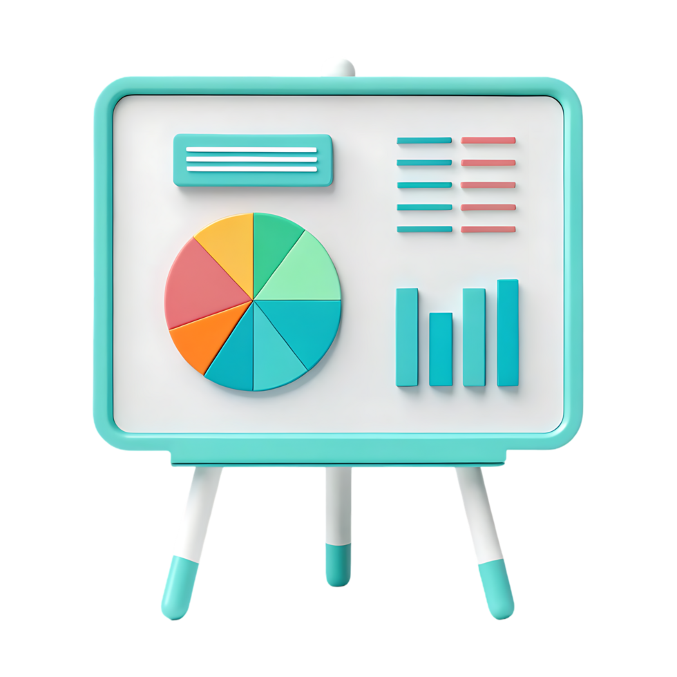 3D render of a whiteboard with charts and graphs. png