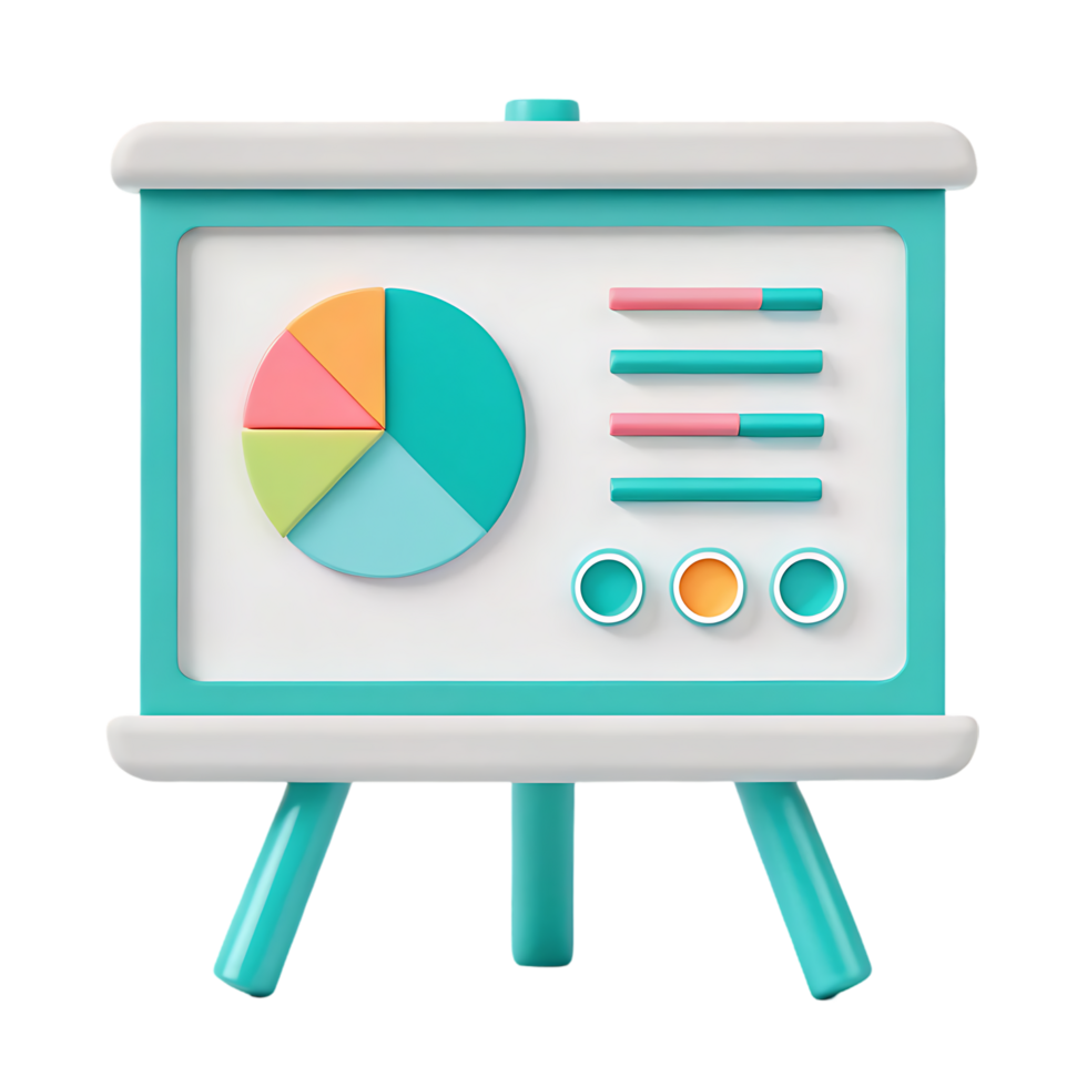 3D render of a flip chart with pastel charts and graphs. png