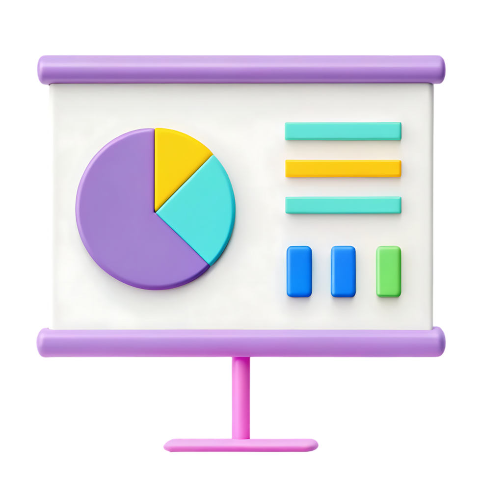 Colorful 3D presentation board with charts and graphs. png