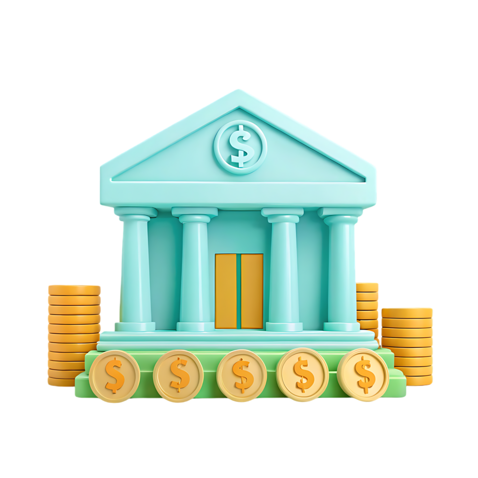 3D illustration of a bank building with stacks of coins. png
