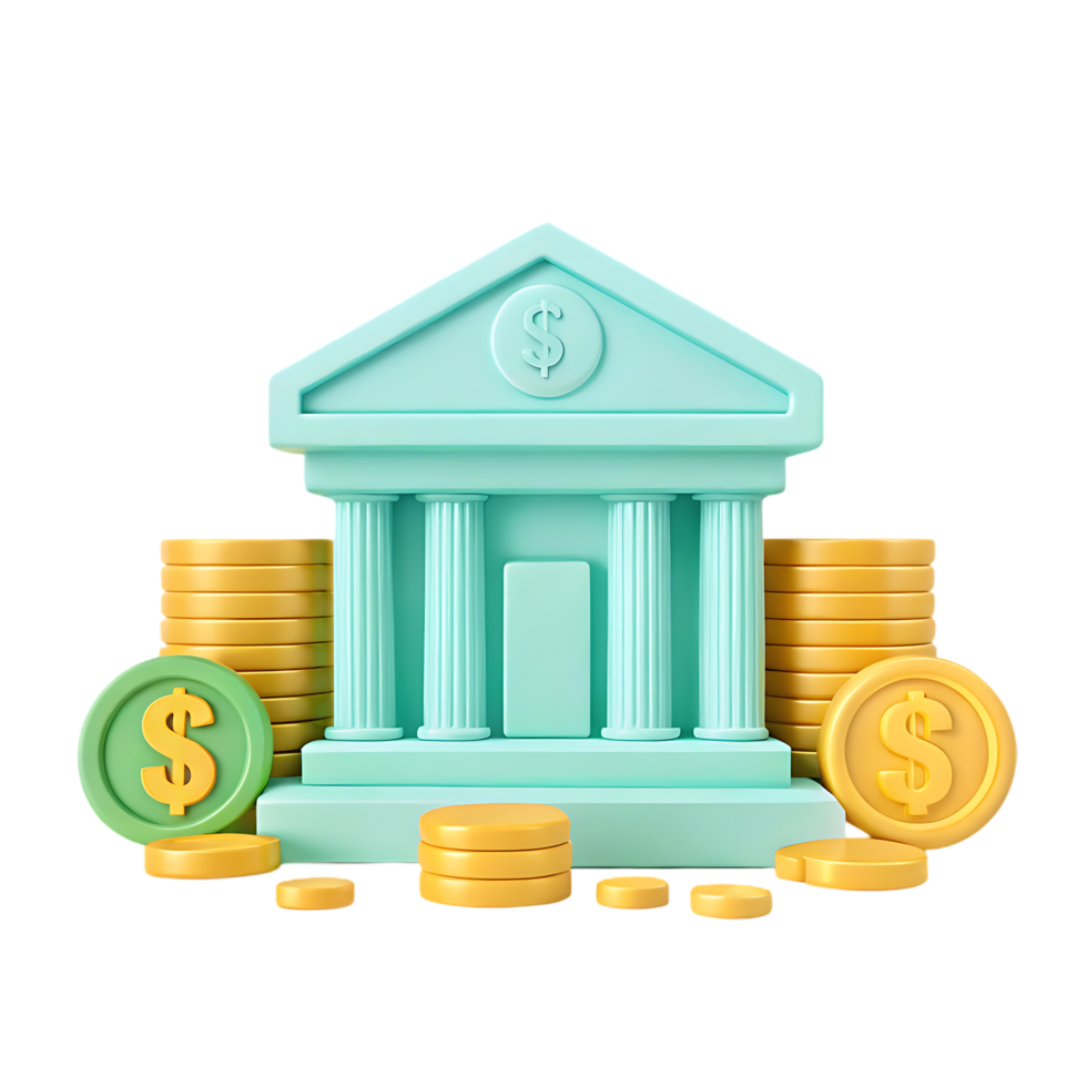 3D bank building with stacks of gold coins. png