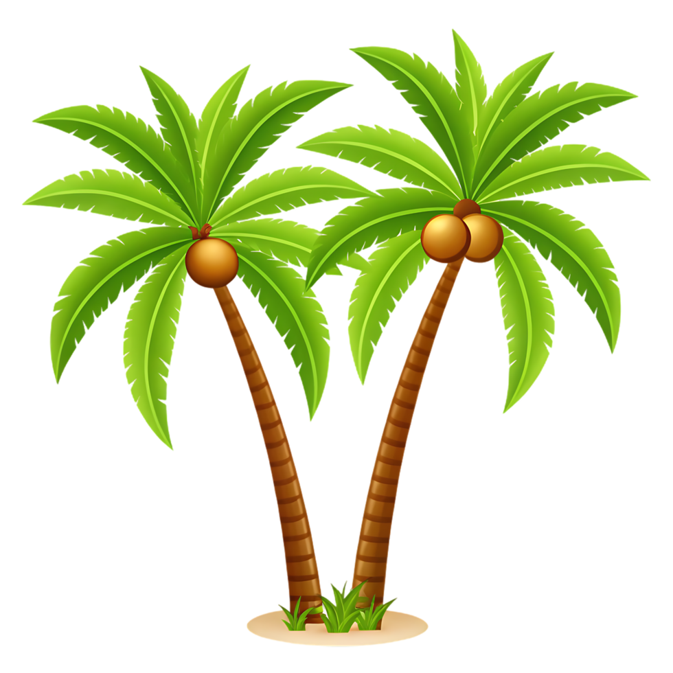 Two cartoon coconut palm trees on a small island. png