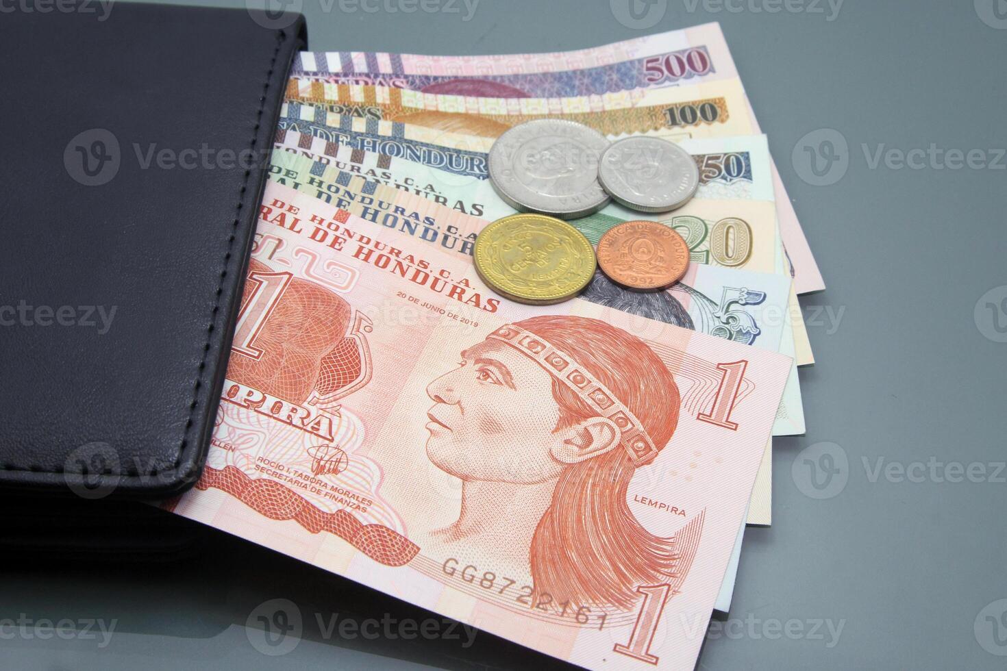Honduran Lempira Bills and Coins Inside a Wallet on Dark Background photo