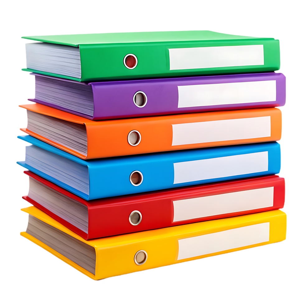 Stack of colorful lever arch files. Office supplies, organization, and business concept. png