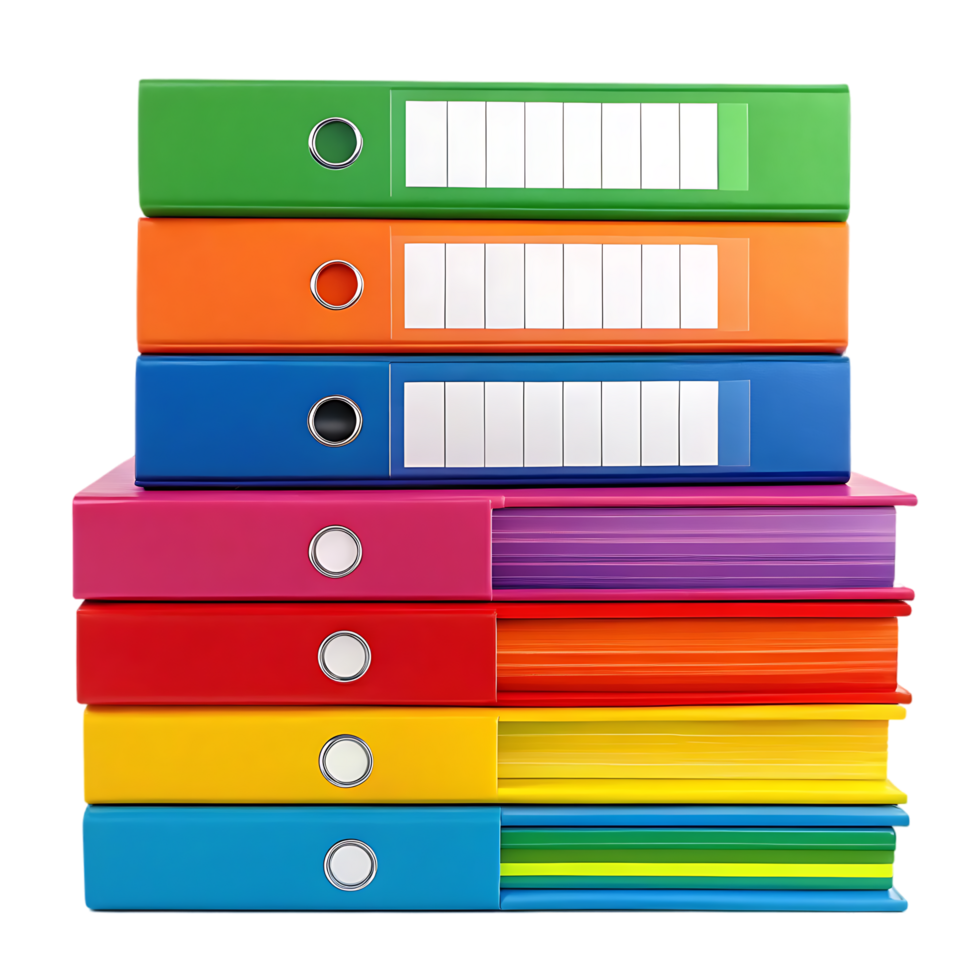 Stack of colorful binders and books. png