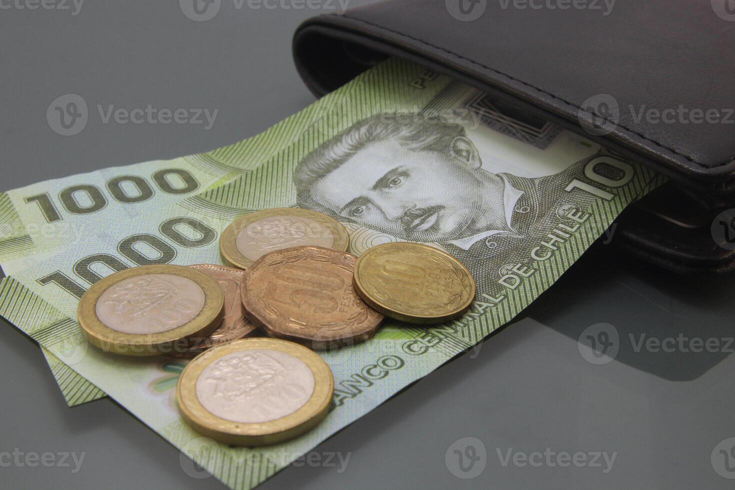 Chilean Currency, Pesos Bills and Coins Inside a Wallet on Dark Background photo