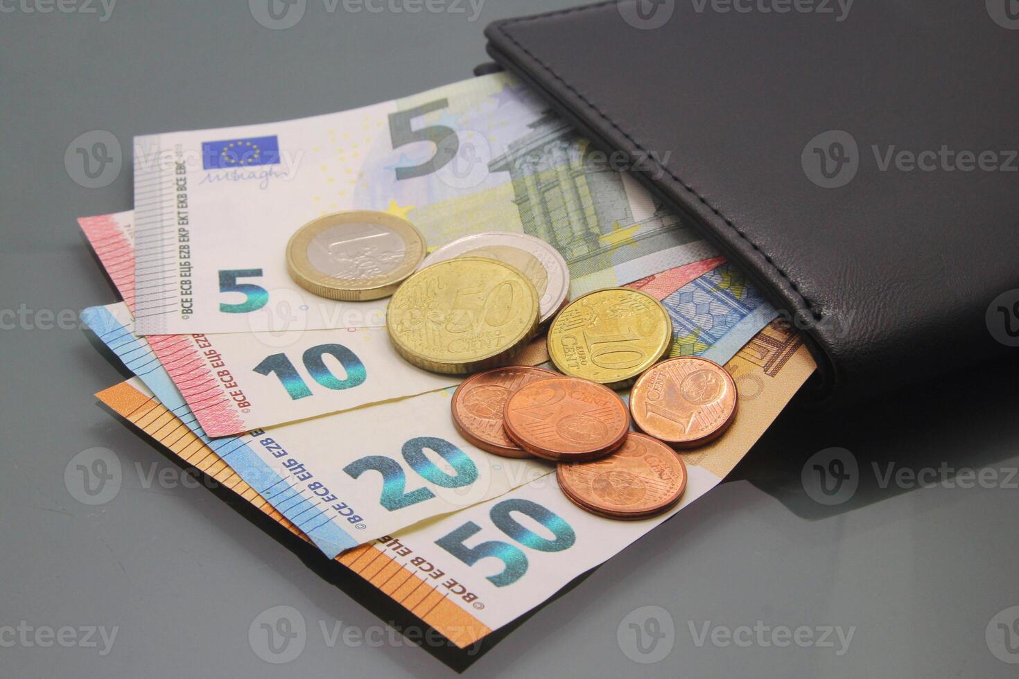 Euro bills and coins arranged within a wallet against a shadowy backdrop photo