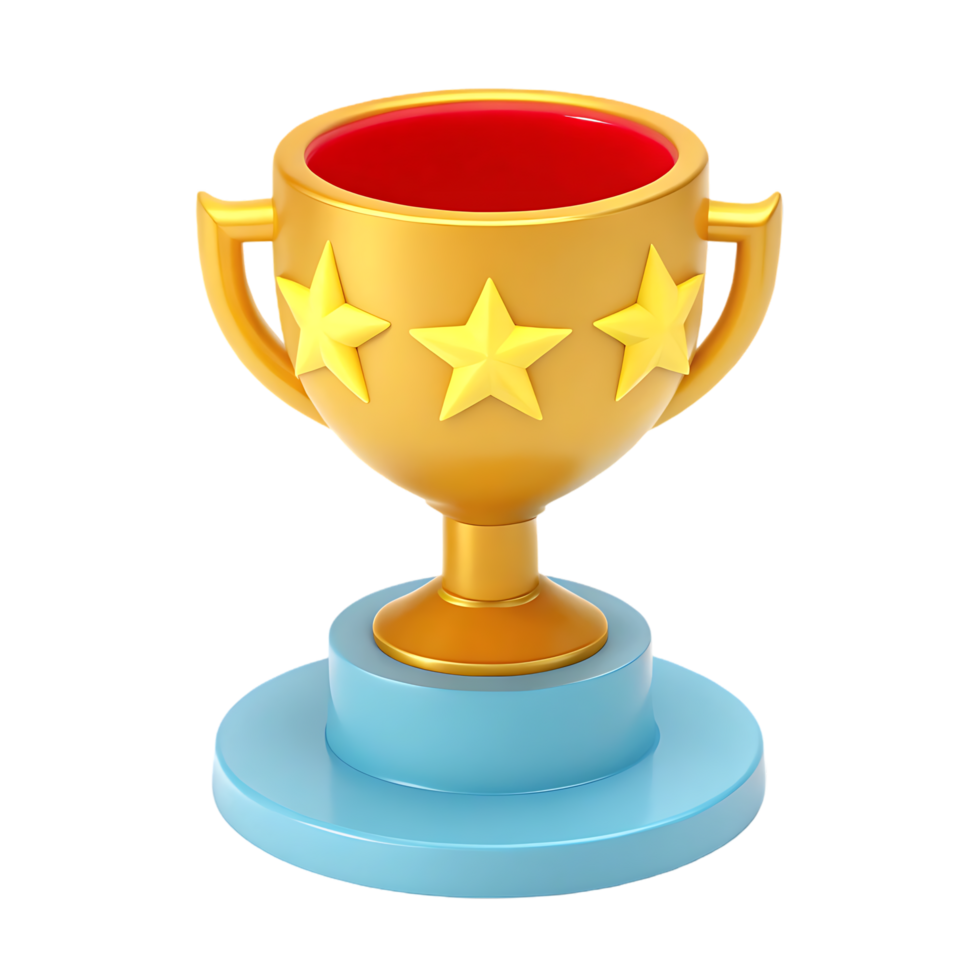Golden trophy with three stars on a blue pedestal png