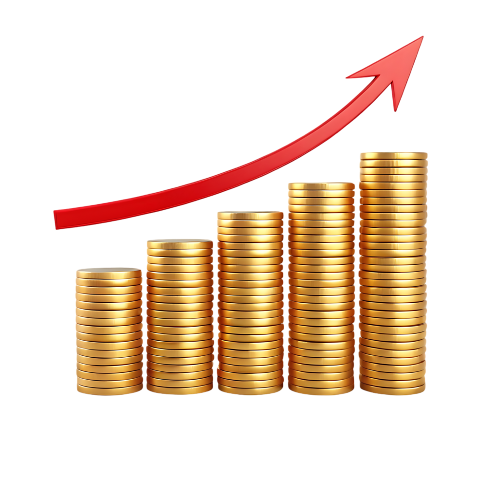 Gold coins stacks with upward arrow. Growth, success, and wealth concept. png