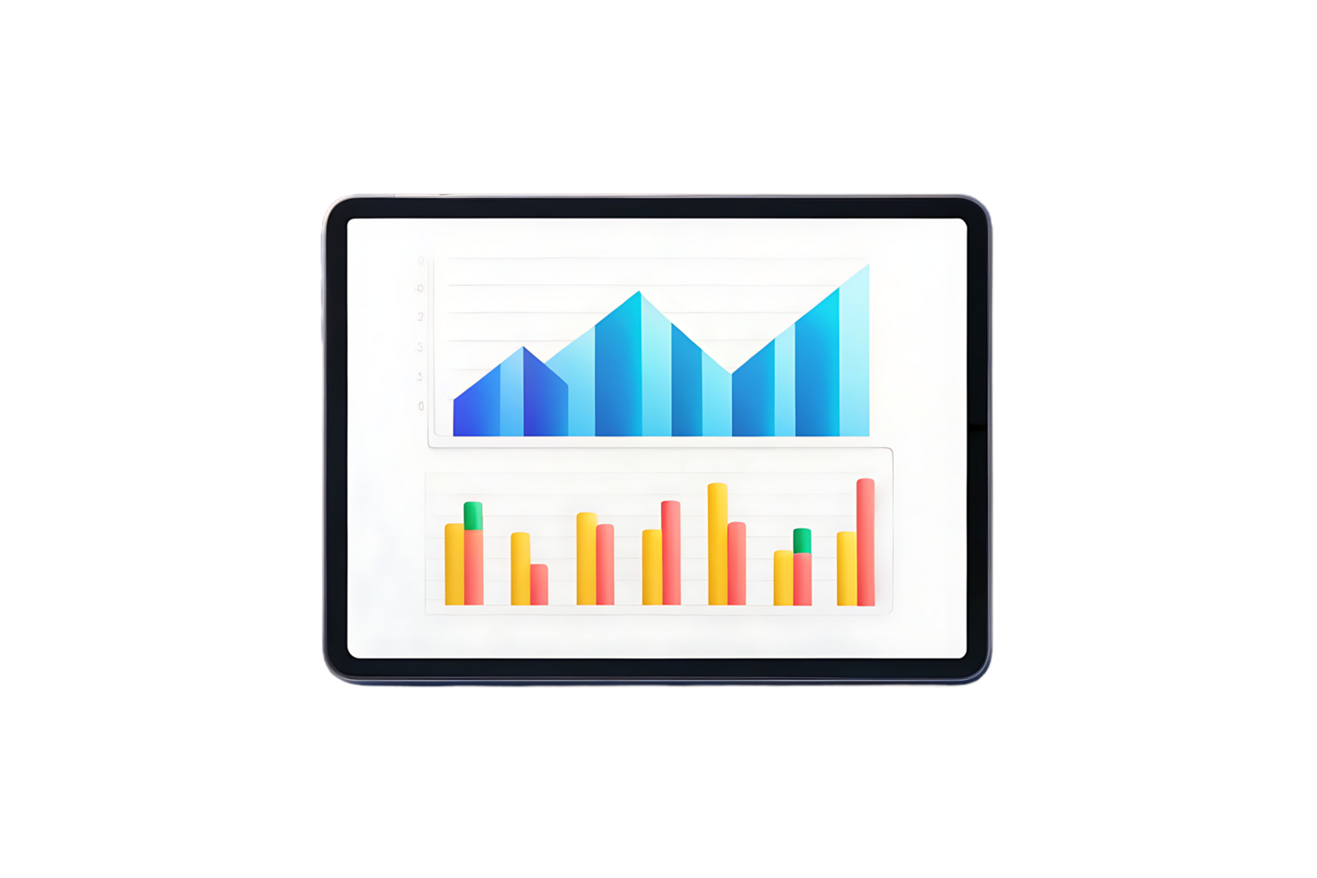Tablet displaying business graphs and charts. png