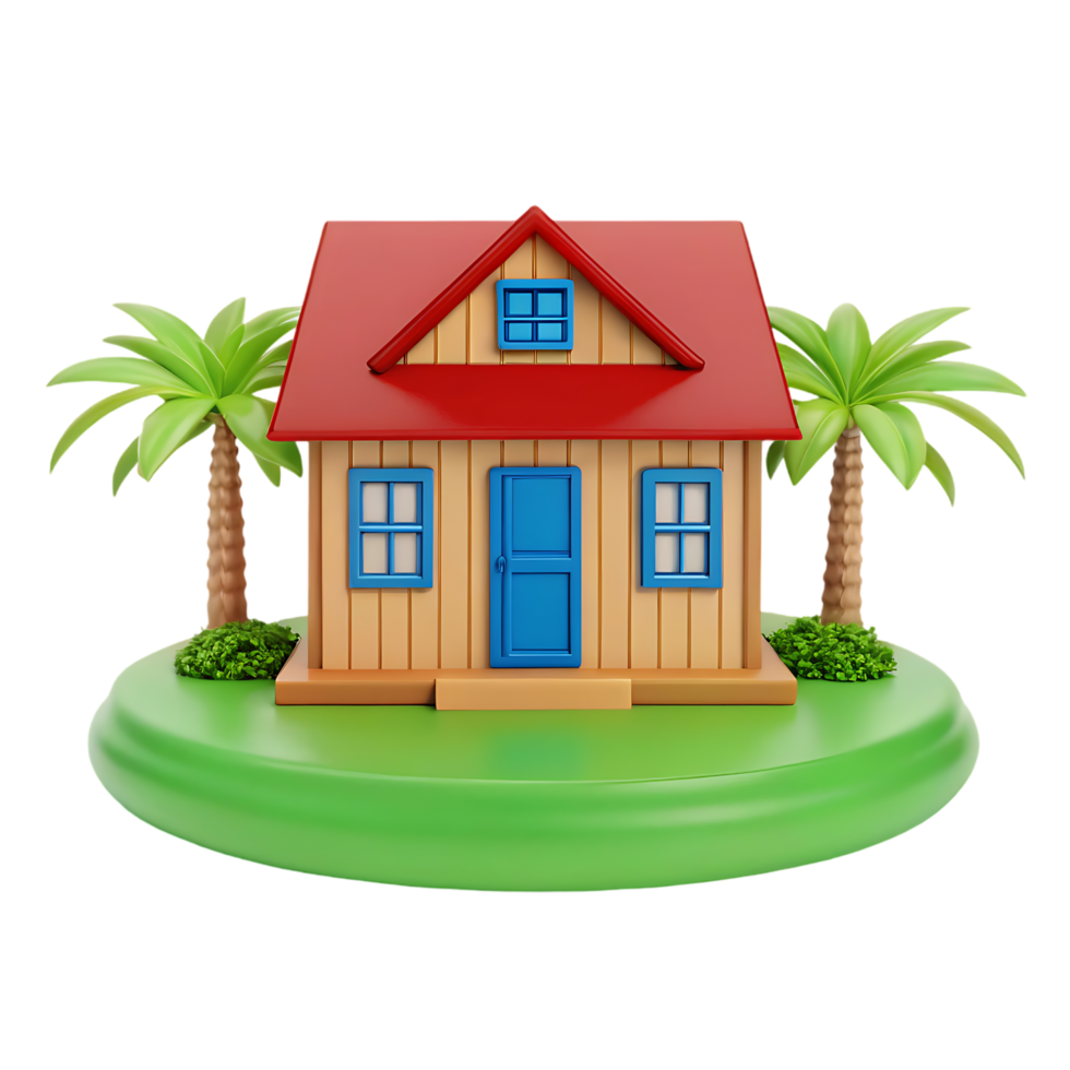 Cartoon house with palm trees, 3D render png