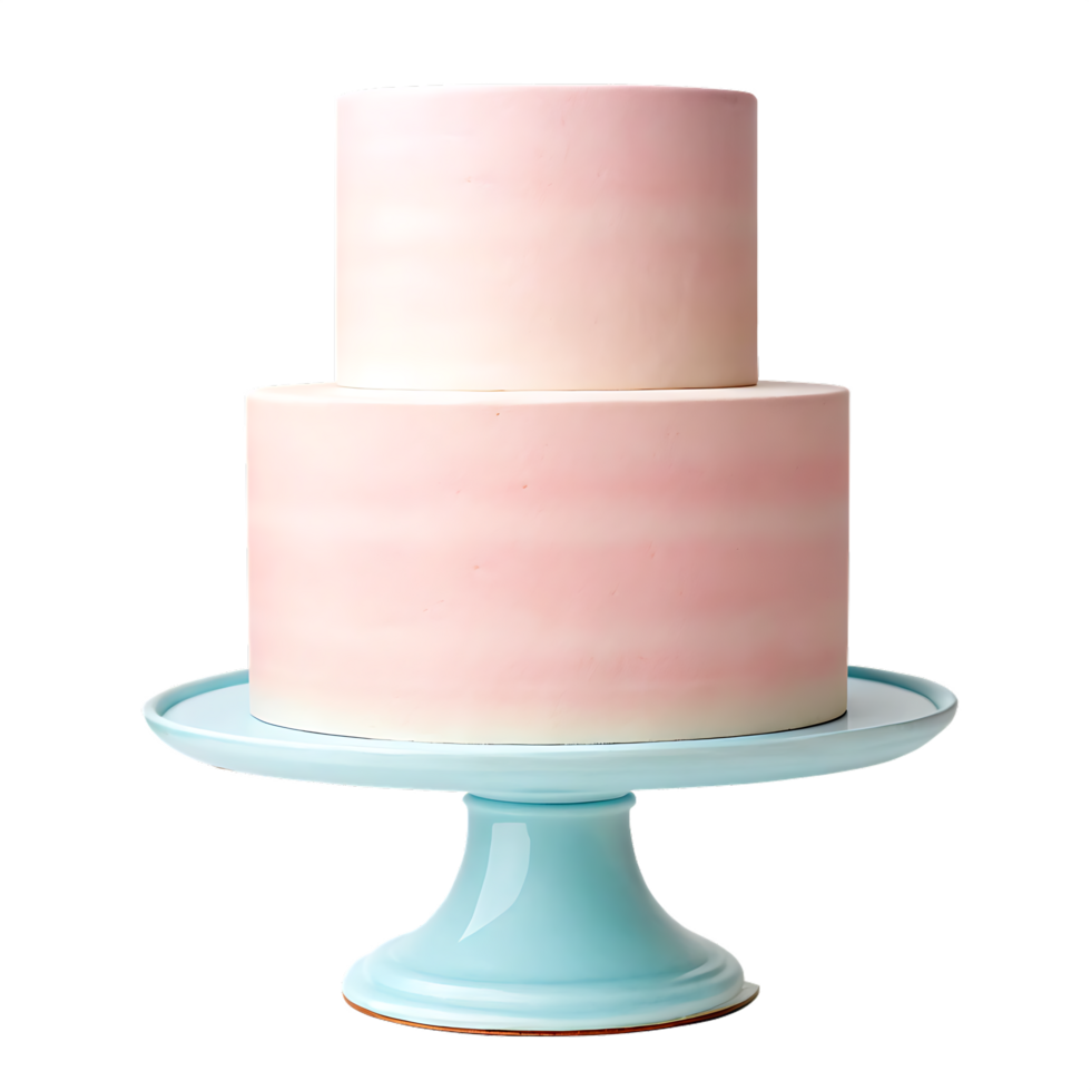Elegant two tiered pink ombre cake on a light blue cake stand. png