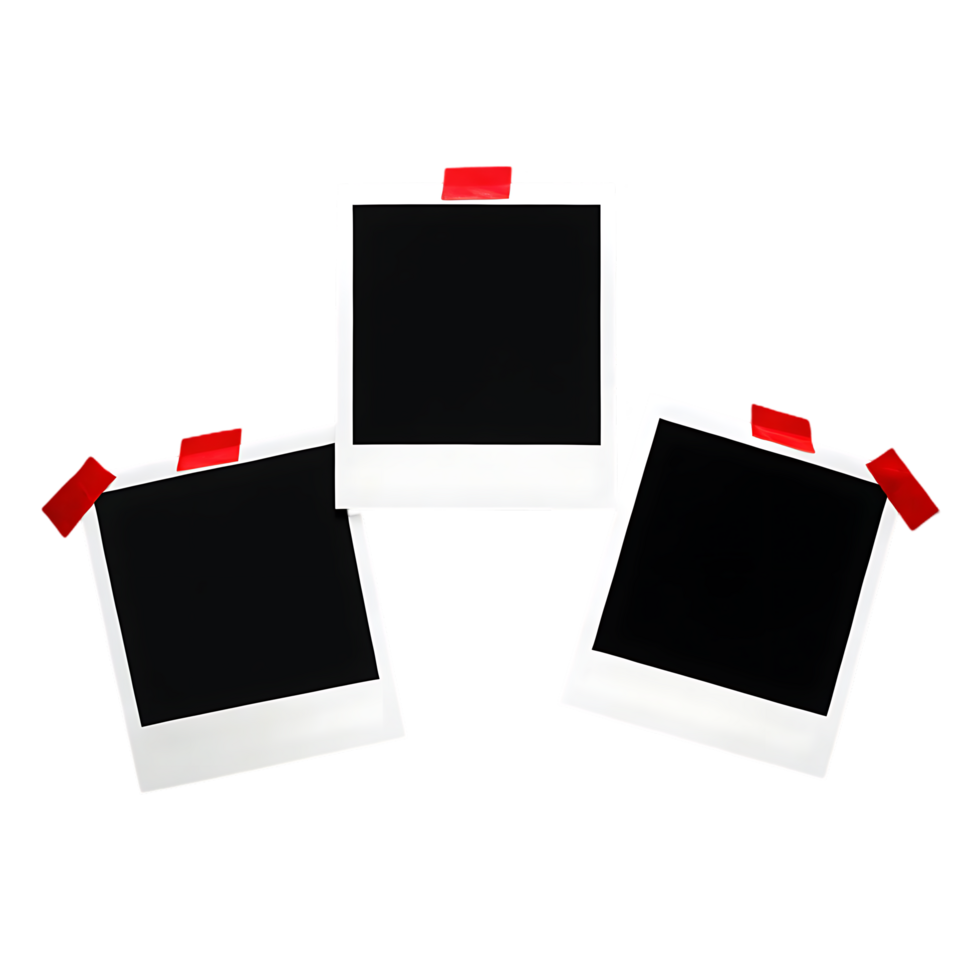 Three blank Polaroid photos with red tabs. png