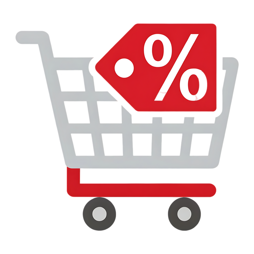 Shopping cart with discount tag showcases savings for online shoppers during a sale event png
