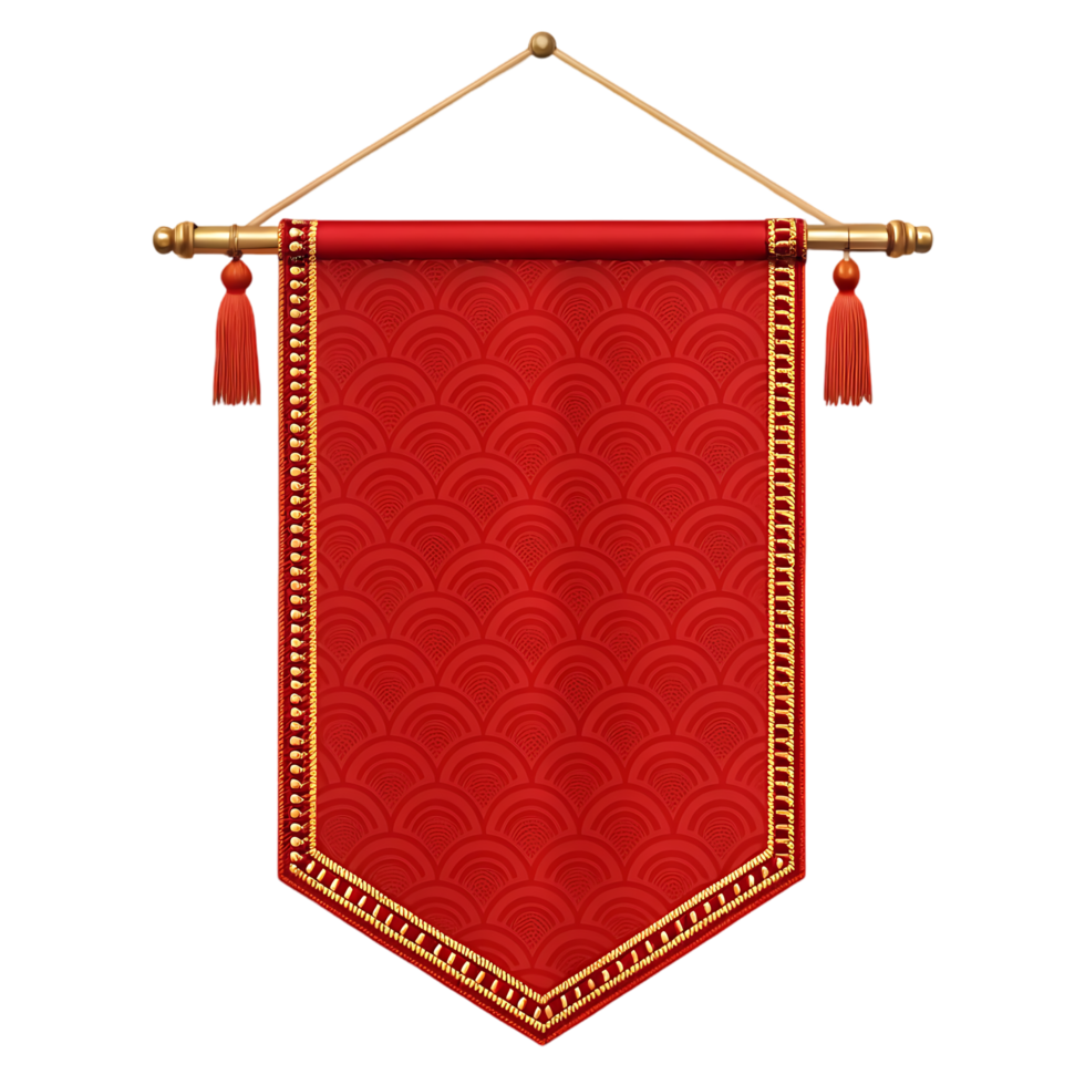 Red hanging banner with gold trim and wave pattern. png