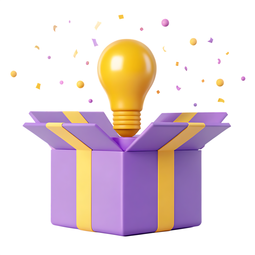 Lightbulb popping out of a gift box. Idea, innovation, solution concept. png