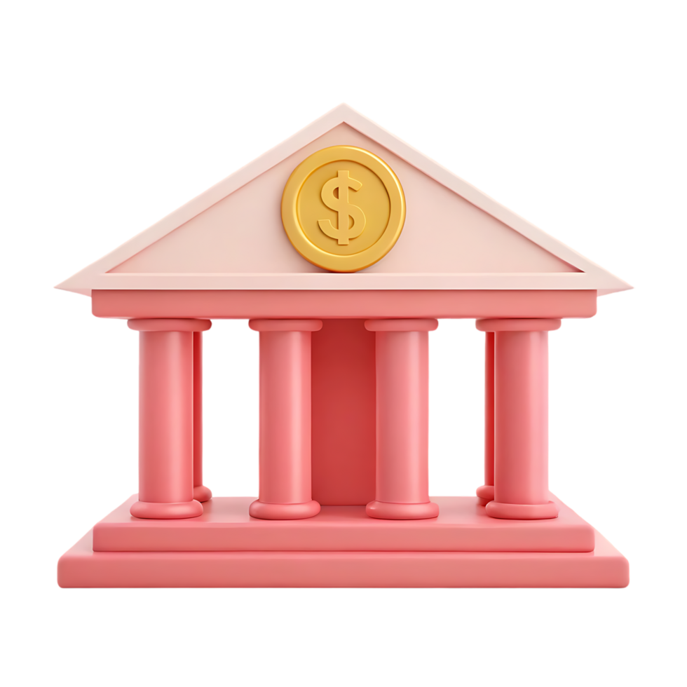 Pink 3D model of a bank building with a gold dollar coin on top. png