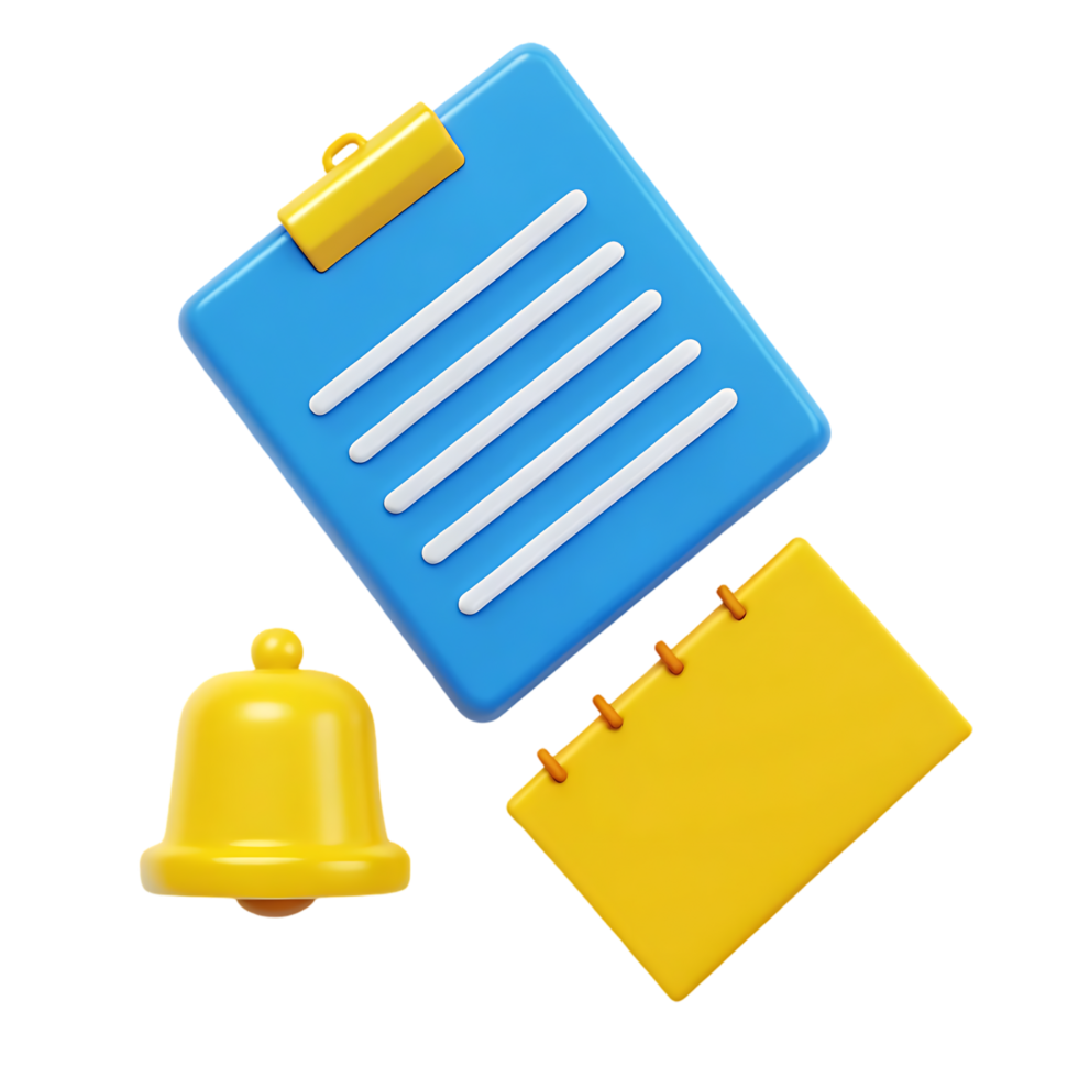 3D render of checklist, notepad, and bell notification. png