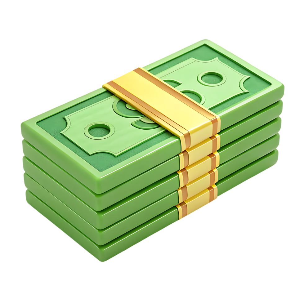Stack of green money bills tied with a gold band. png