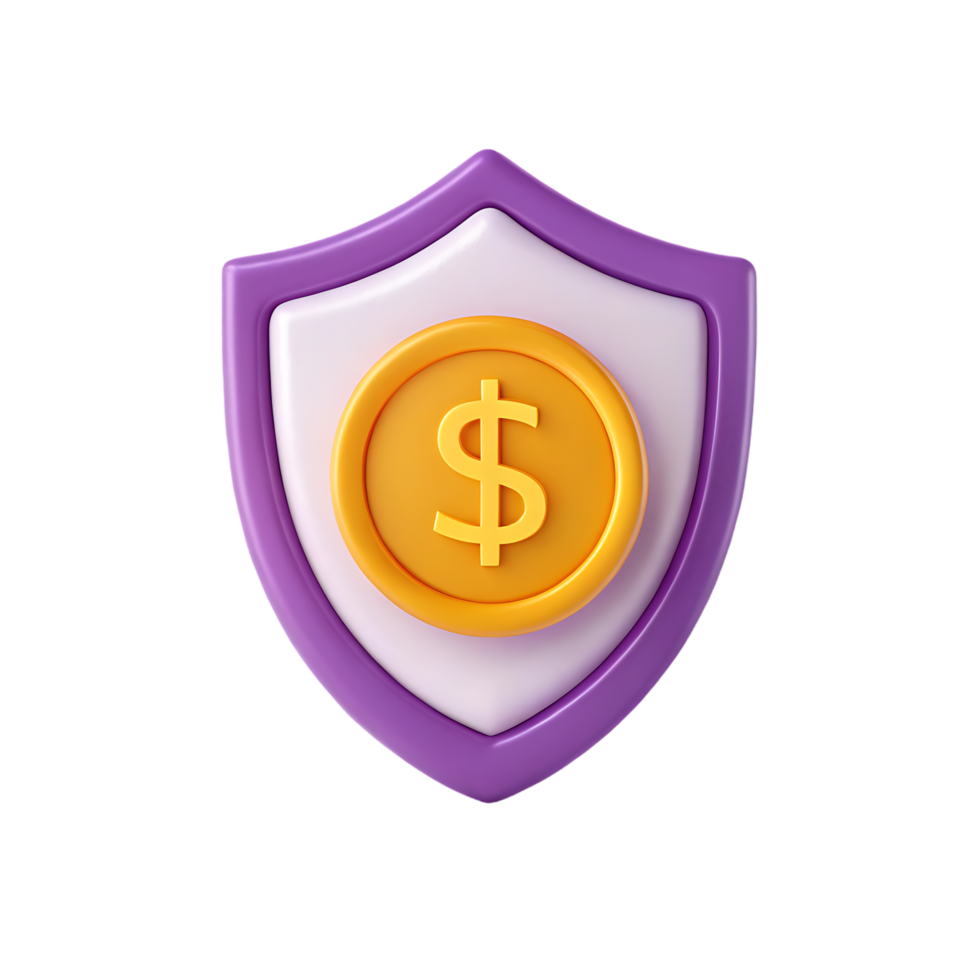 3D render of a shield with a dollar coin. Financial security concept. png