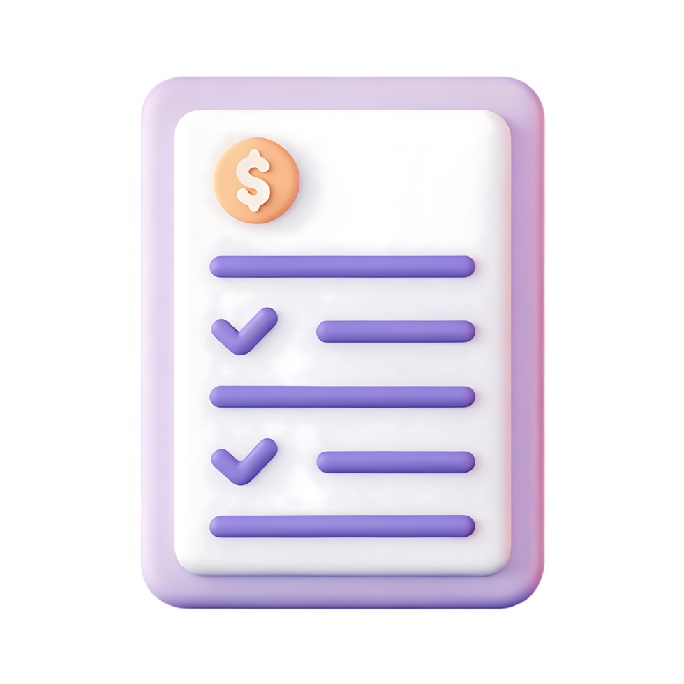 3D render of a purple invoice icon with checkmarks. png