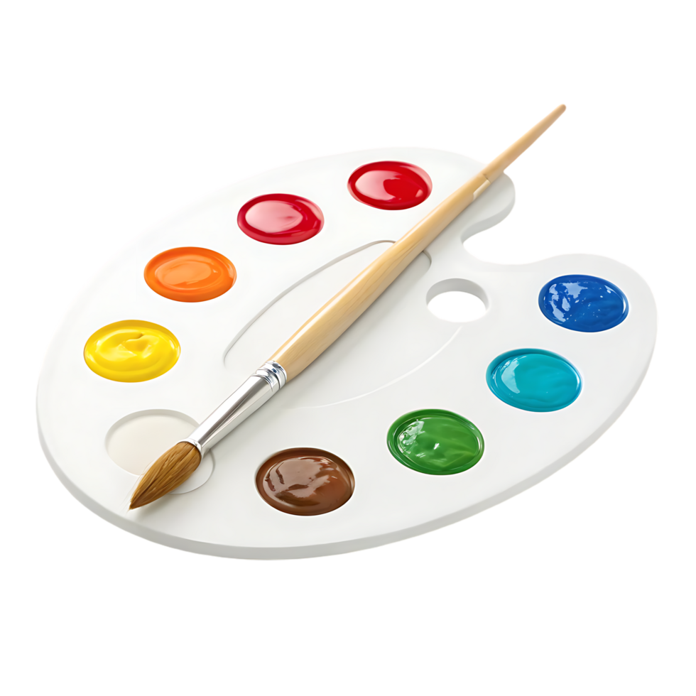 Paint palette with brush, colorful paints. png