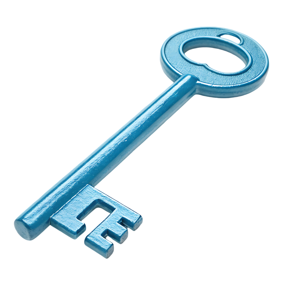 Blue metallic key, isolated on black background. png