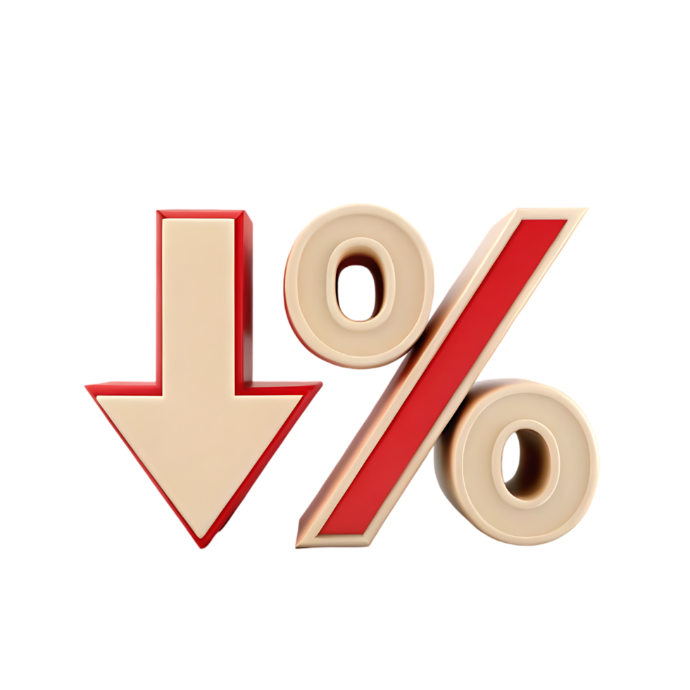 3D render of percentage sign with down arrow. Sale, discount, reduction concept. png
