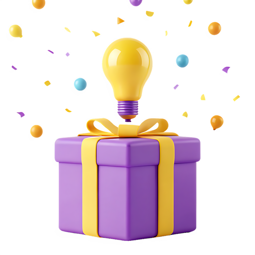 Gift box with a lightbulb, confetti. Idea, innovation, creativity concept. png