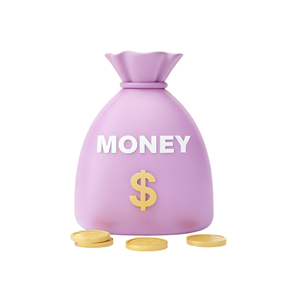 Purple money bag with coins. Finance, savings, wealth concept. png