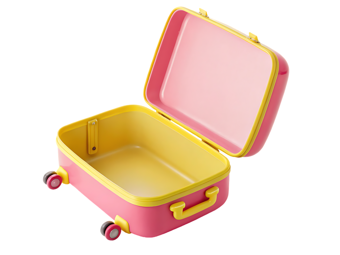 Pink and yellow miniature suitcase, open and empty. png