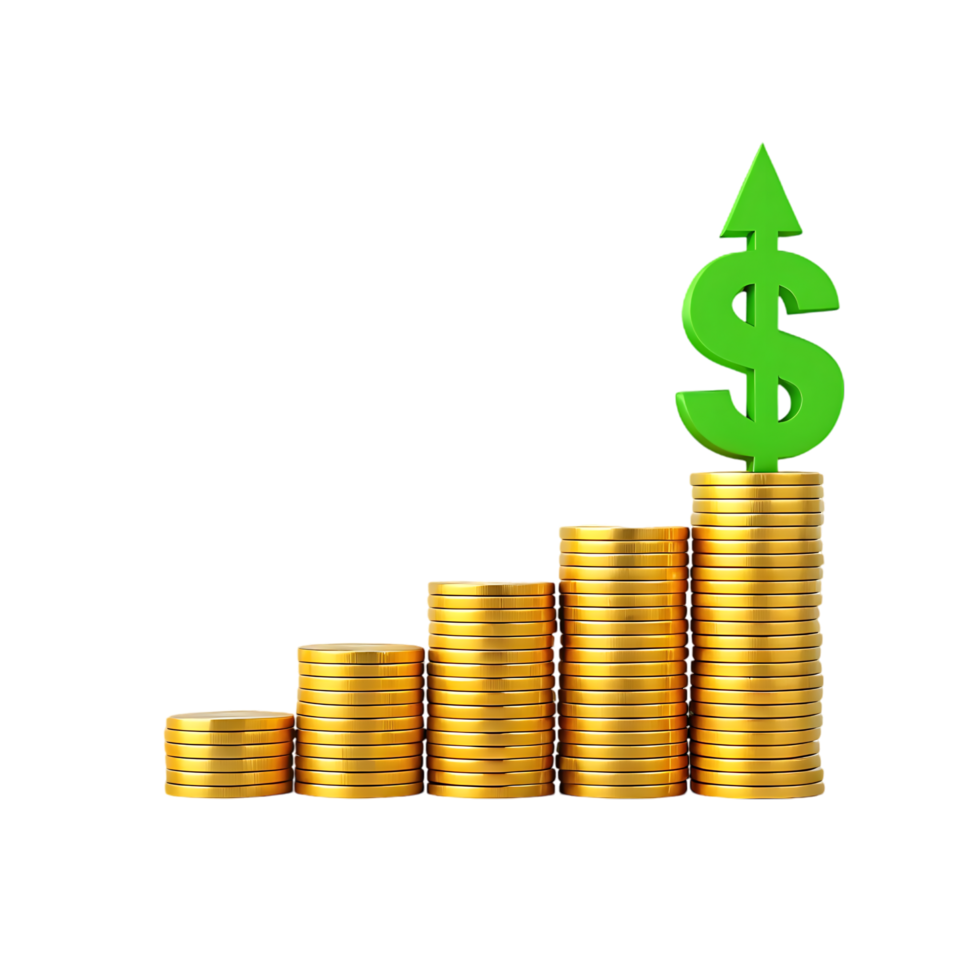 Growing gold coins with upward dollar sign. png