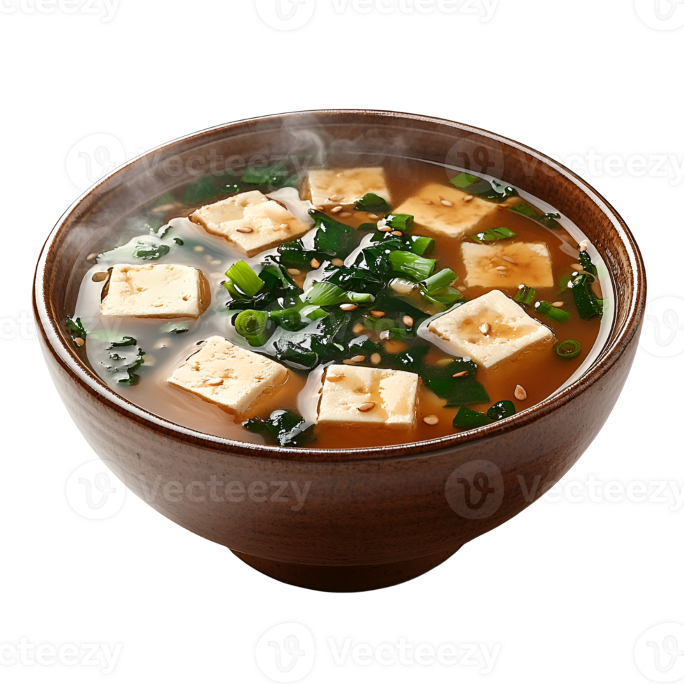 Steaming Bowl of Miso Soup with Tofu and Wakame Seaweed png