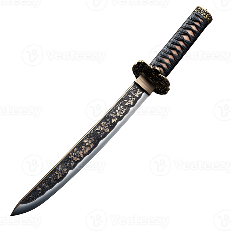 Ornate Japanese Wakizashi Sword with Floral Design and Black Leather-Wrapped Handle png