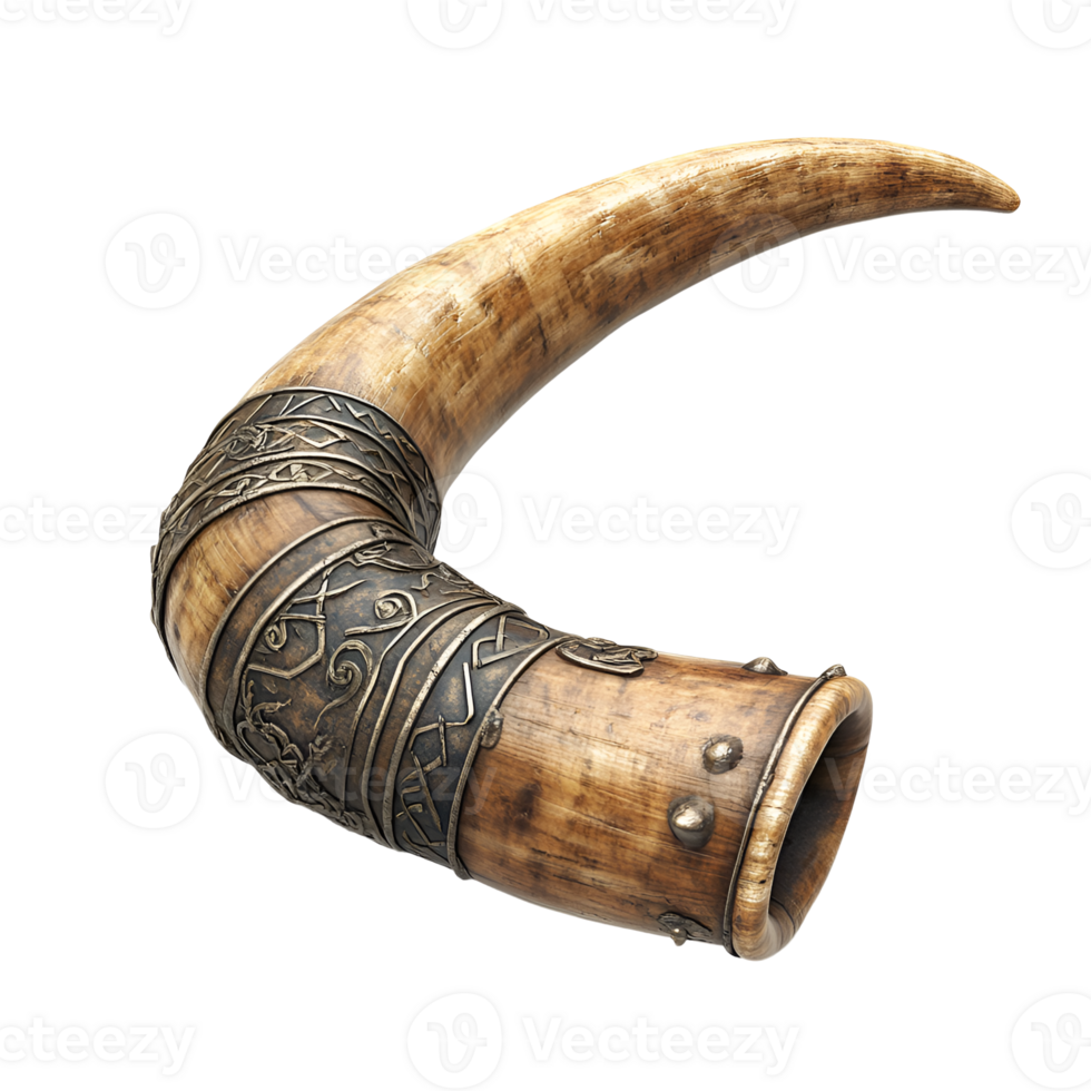 Ornate Ancient Horn Drinking Vessel with Metallic Bands and Celtic Knotwork png