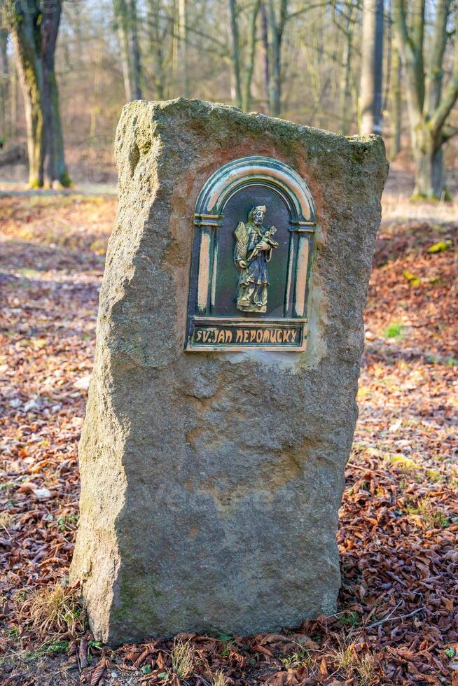 Road with stones of czech saints. Way of pilgrims to chapel of Petrohrad, Czech republic. High quality photo