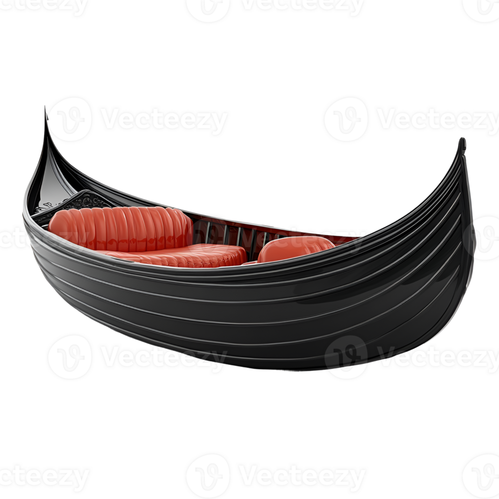 Elegant Black Gondola with Red Leather Seating Luxury Watercraft Rendering png