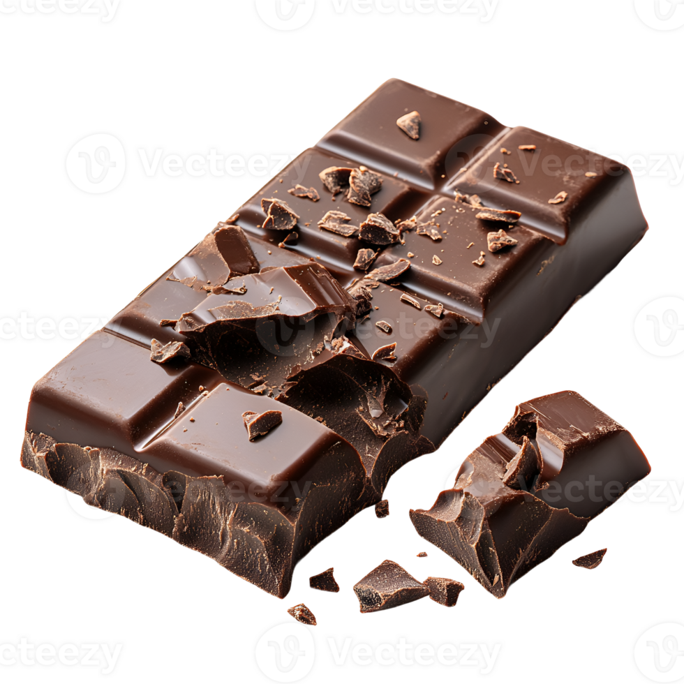 Delicious Dark Chocolate Bar Broken into Pieces with Chocolate Shavings png