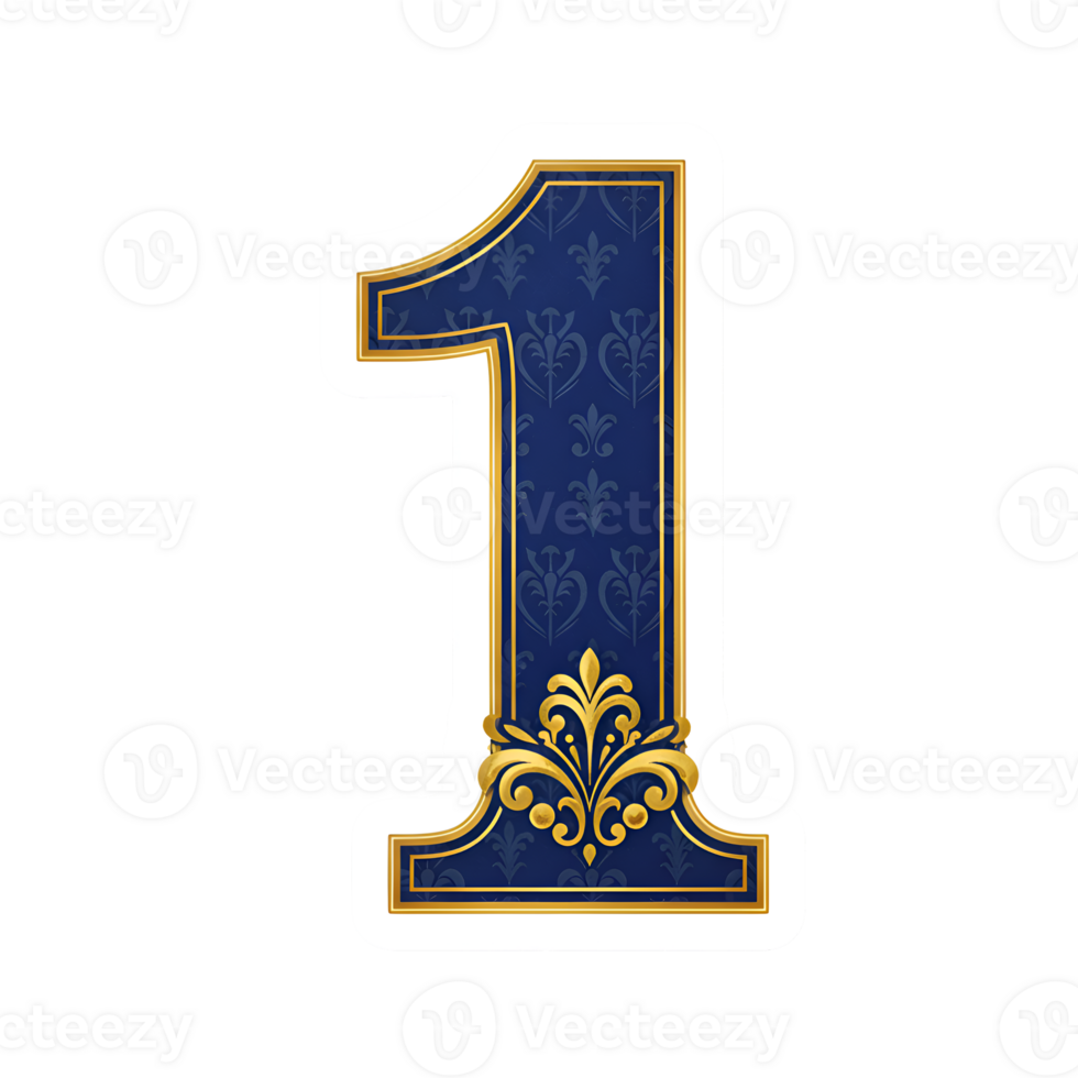 Elegant Gold and Blue Number One with Ornate Design png