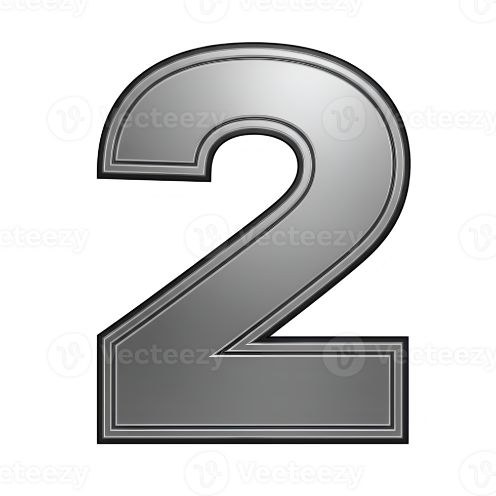 Metallic Number Two, 3D Rendered Silver Digit with White Outline png
