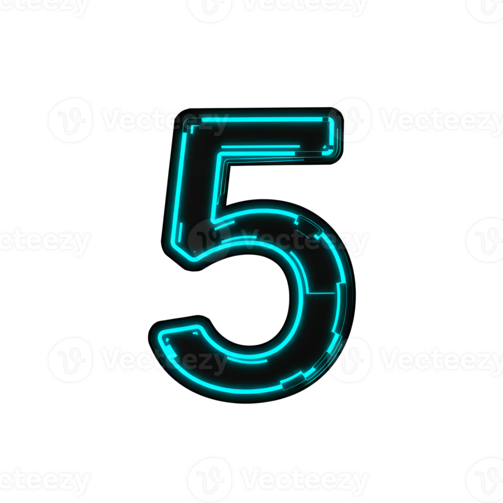 Futuristic Neon Number Five Cyan Digital Font png