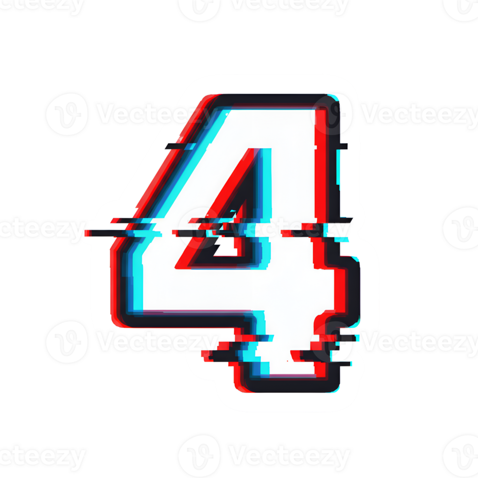 Glitch Effect Number Four - Digital Number with Red and Blue Distortion png