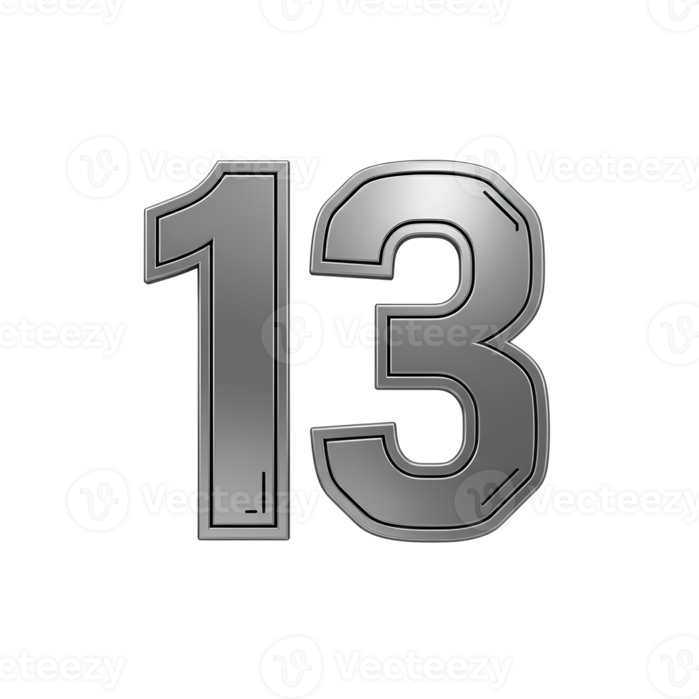 Metallic Number Thirteen - 3D Rendered Silver Digit 13 png