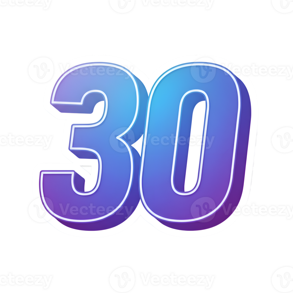 Vibrant 3D Number Thirty - Purple and Blue Gradient Design png