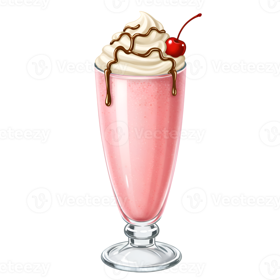 Delicious Strawberry Milkshake with Whipped Cream and Chocolate Sauce png