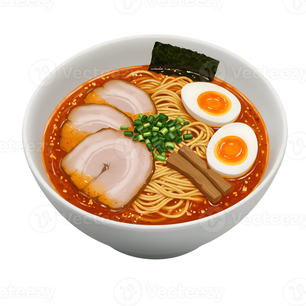 Spicy Ramen Noodle Soup with Chashu Pork and Soft Boiled Eggs Delicious Japanese Food Illustration png