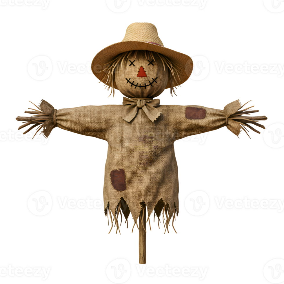 Rustic Scarecrow with Straw Hat and Patchwork Clothing 3D Render png