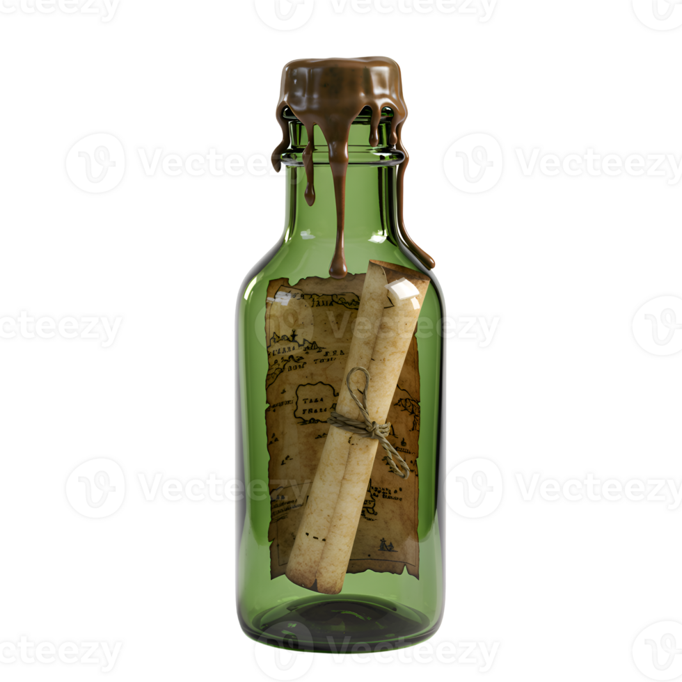 Message in a Bottle with Wax Seal and Treasure Map png