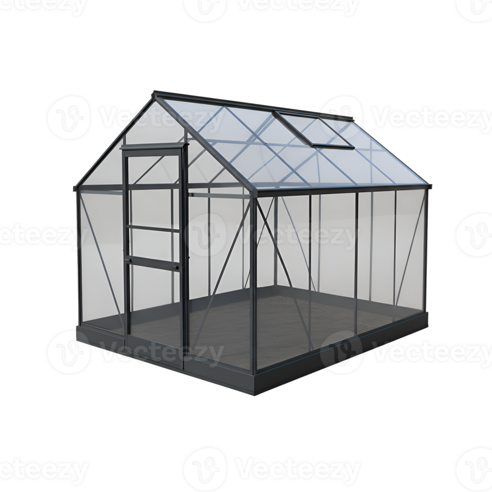 Modern Aluminum Greenhouse with Sliding Door and Roof Vent 3D Render png